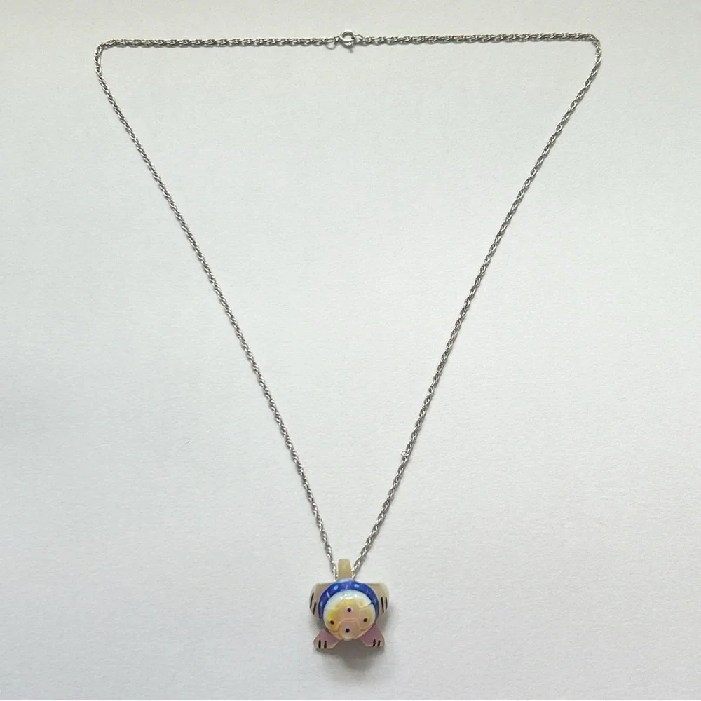 Vintage Southwestern Mother of Pearl Lapis Onyx Turtle Sterling Silver Necklace - Picture 6 of 9